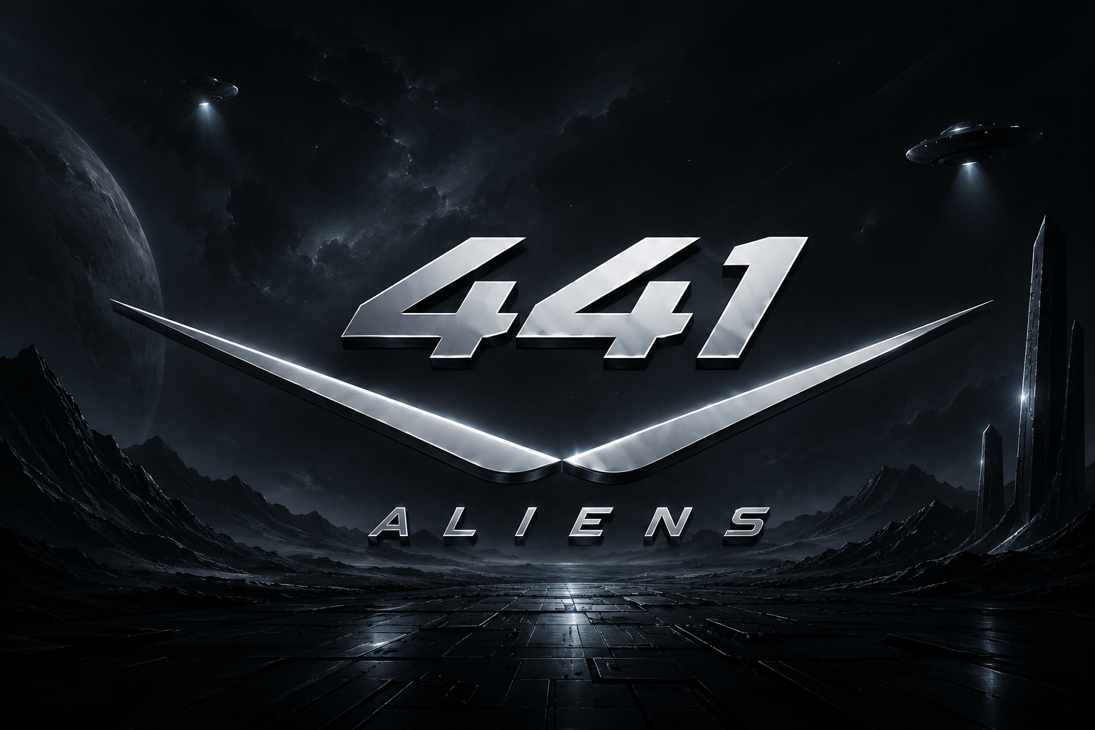 441 Aliens chrome emblem rising over a dark alien landscape with hovering craft