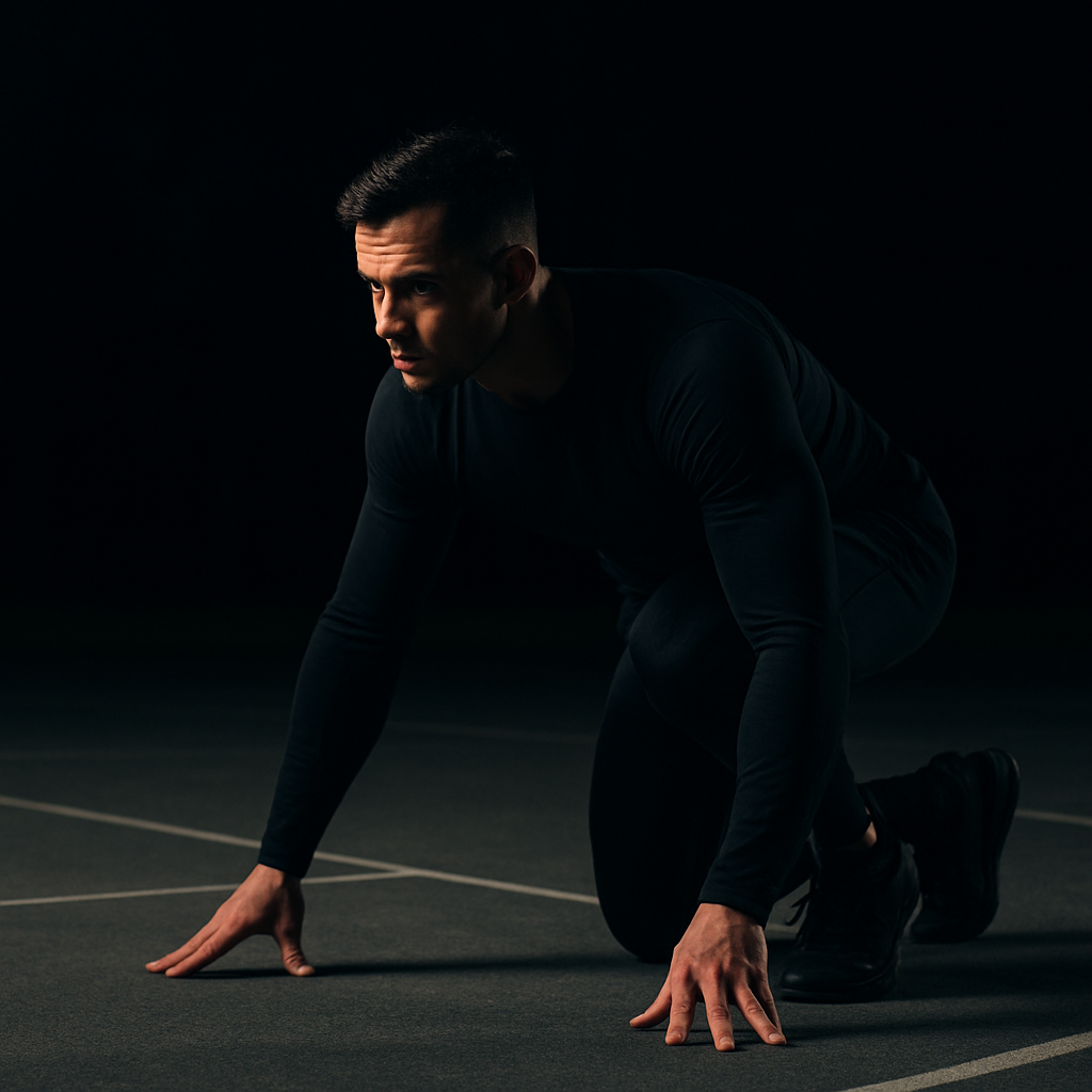 Athlete in a starting stance on a night basketball court