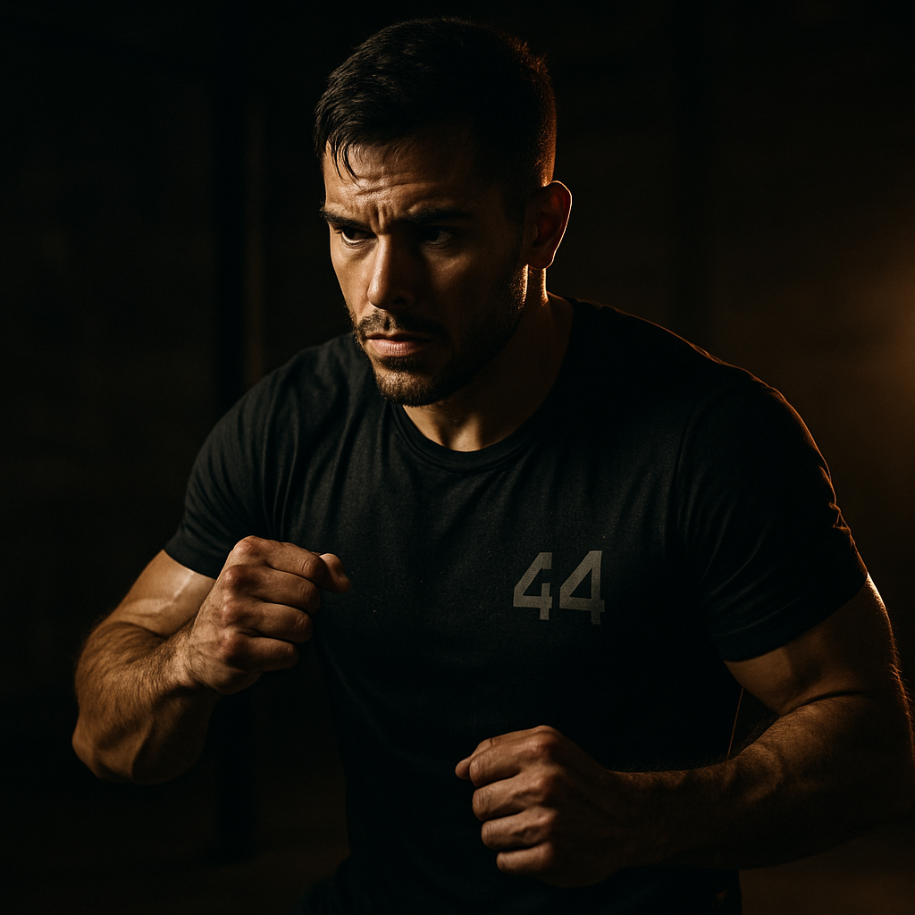 Athlete training in a dark gym wearing 441 Aliens gear