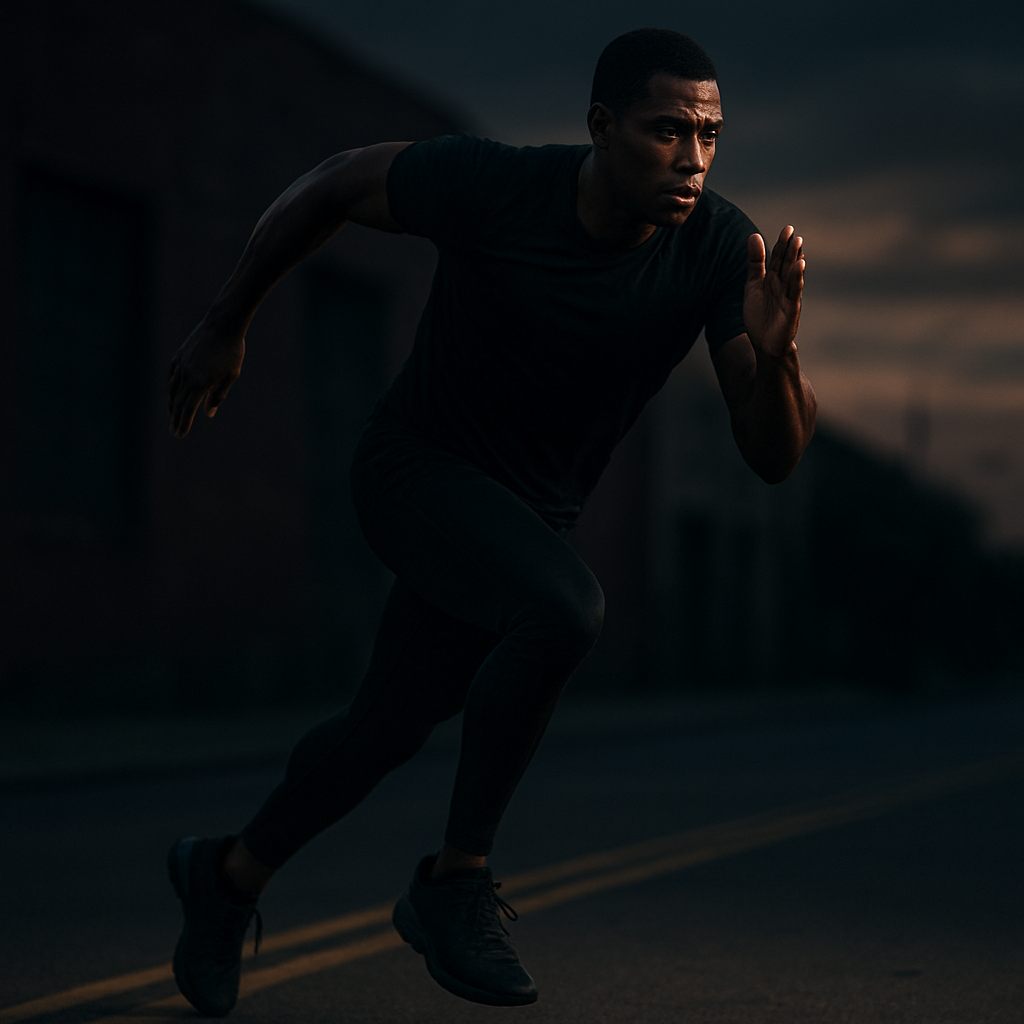 Athlete sprinting outdoors at dusk in 441 Aliens gear